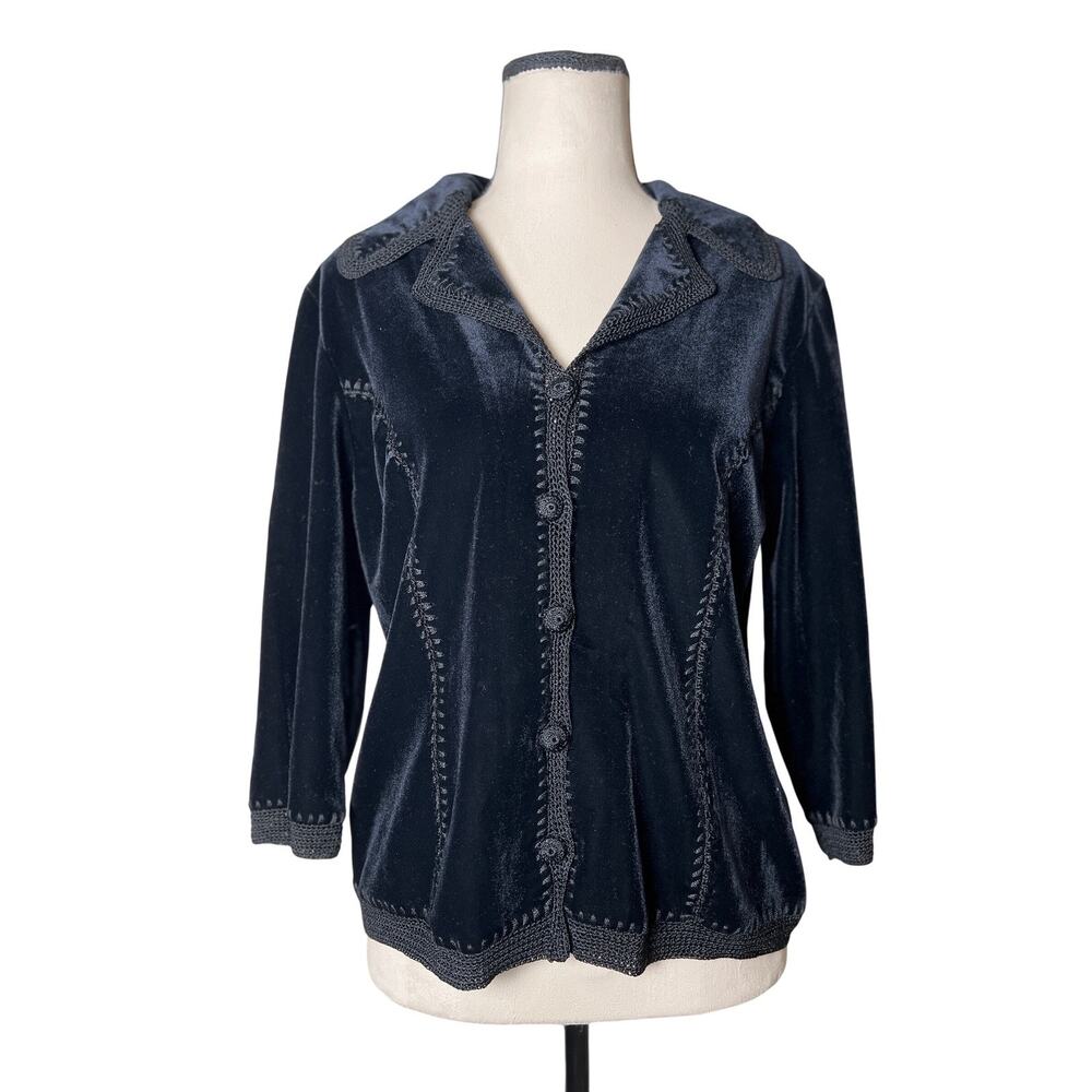 Sophie‎ Chang Studio Velvet Cardigan Shirt Black Crochet Trim Button Front Small